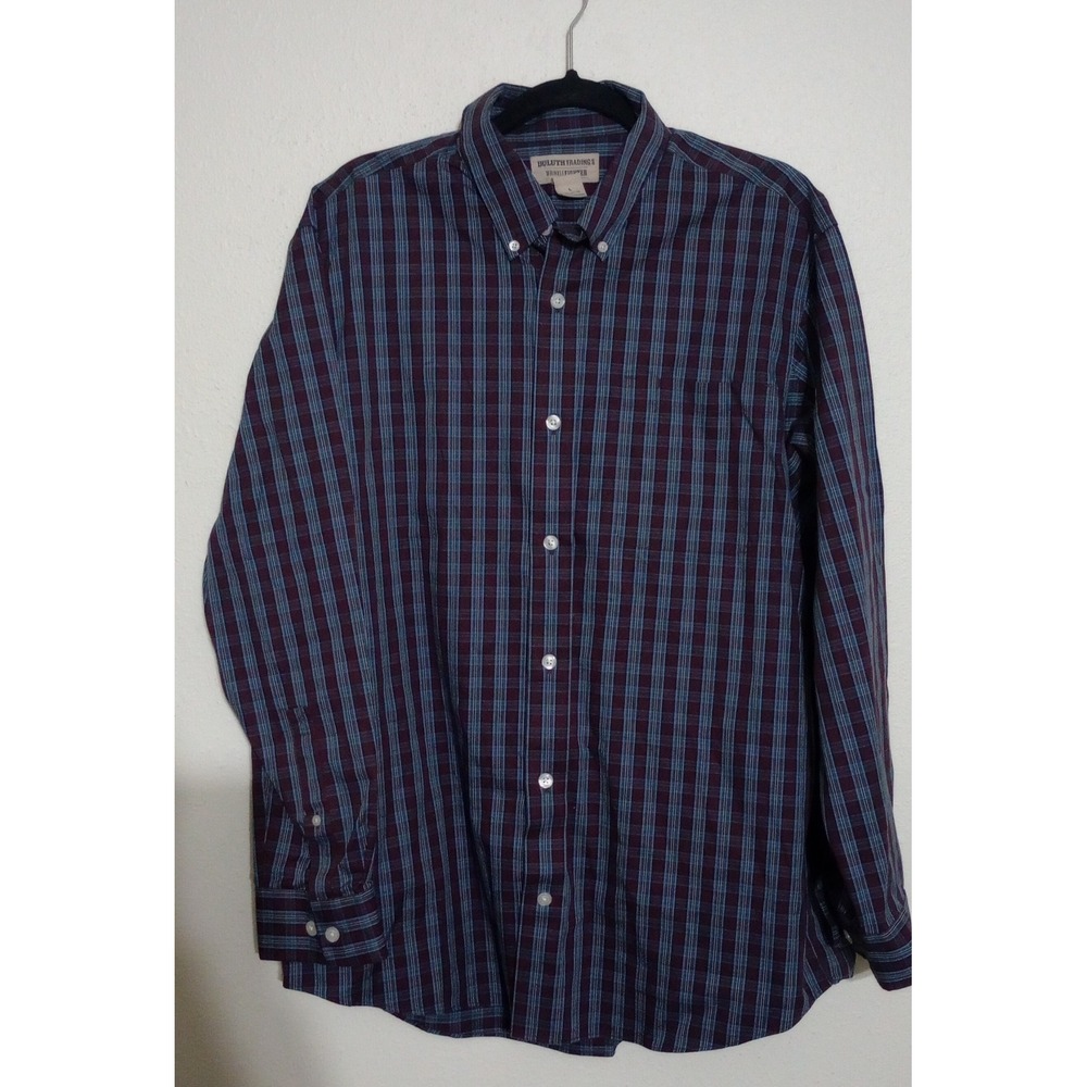 Duluth Trading Co Wrinklefighter Plaid Shirt Mens Large Burgundy Blue Cotton L